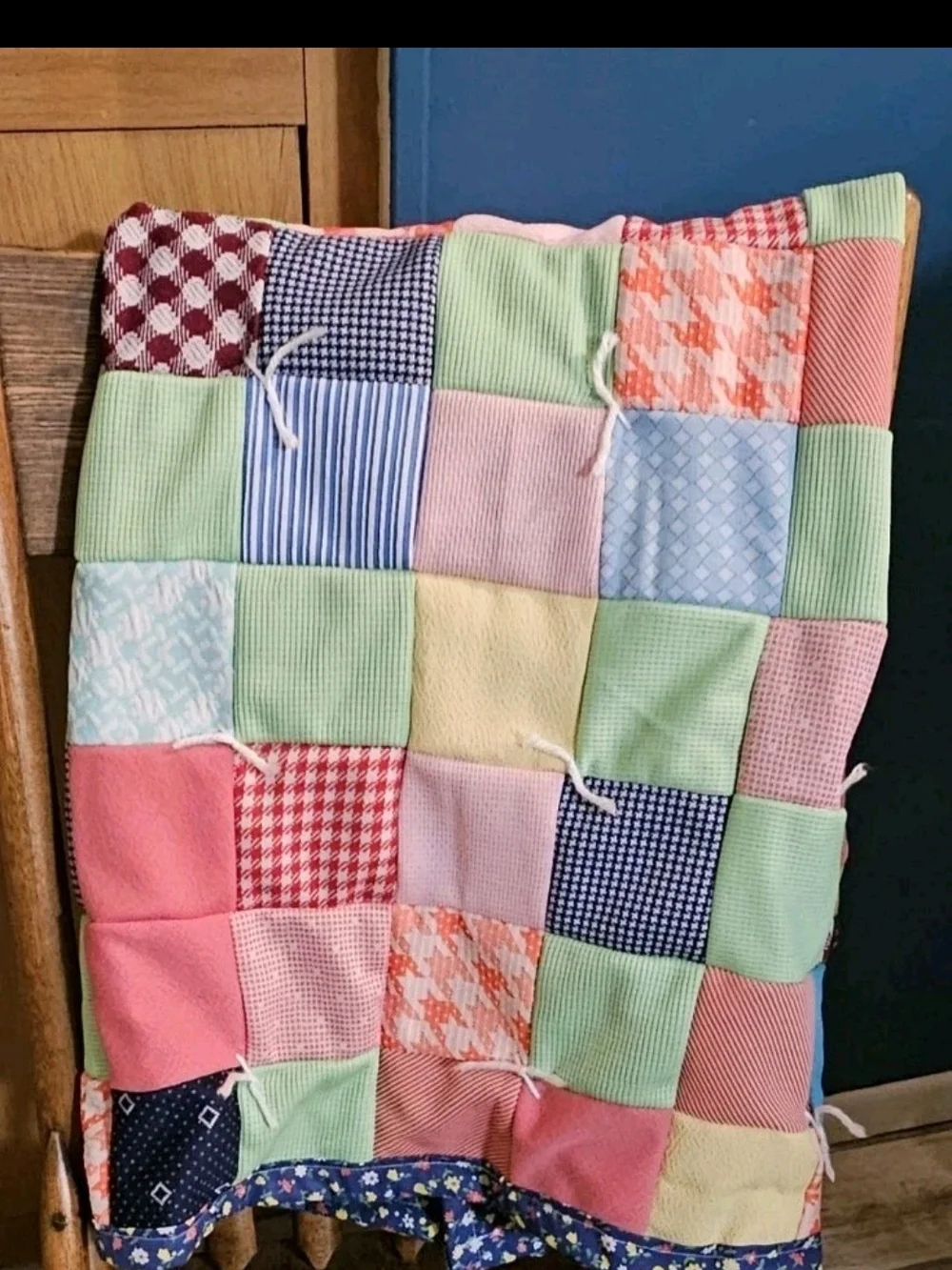 Baby Quilt Floral Backing 37x40 Hand Tied Patchwork